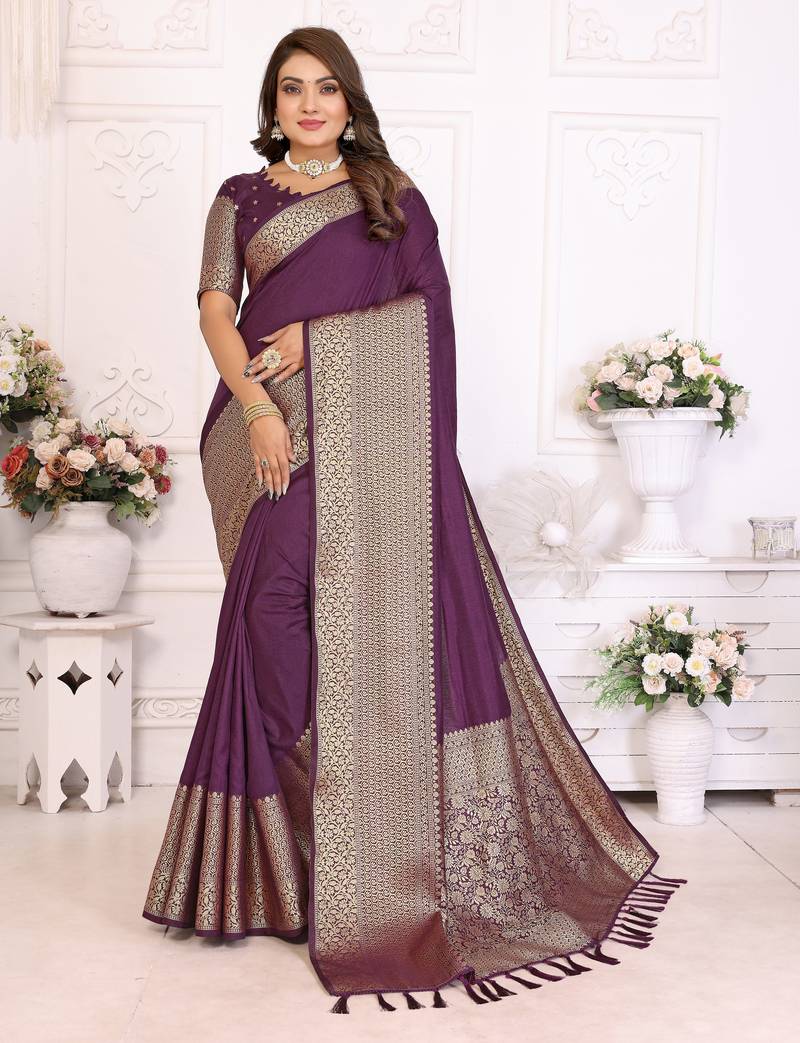 Wine silk couple set kurta and saree with jacquard border