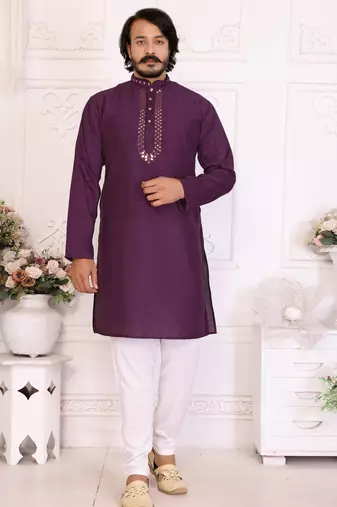 Wine silk couple set kurta and saree with jacquard border