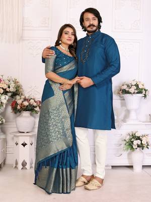 Blue silk couple set kurta and saree with jacquard border 1