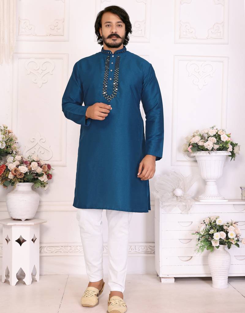 Blue silk couple set kurta and saree with jacquard border