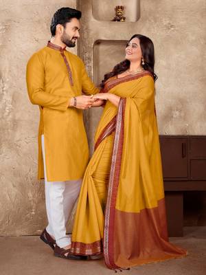 Mustard yellow silk couple set with matching kurta and saree 1
