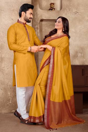 Mustard yellow silk couple set with matching kurta and saree