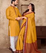 Mustard yellow silk couple set with matching kurta and saree
