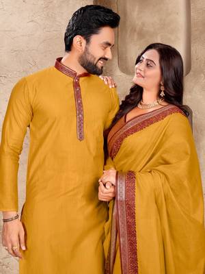 Mustard yellow silk couple set with matching kurta and saree 2