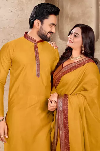 Mustard yellow silk couple set with matching kurta and saree