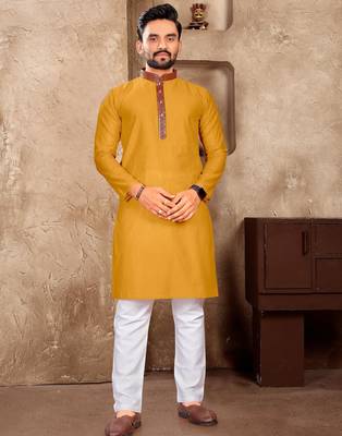 Mustard yellow silk couple set with matching kurta and saree 3