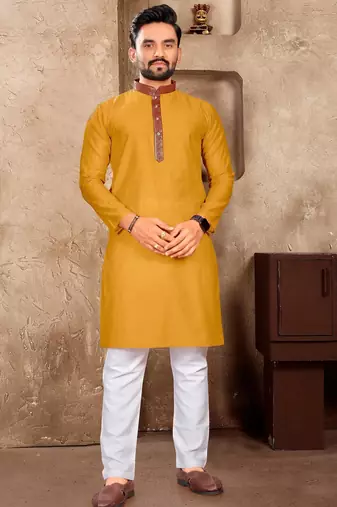 Mustard yellow silk couple set with matching kurta and saree