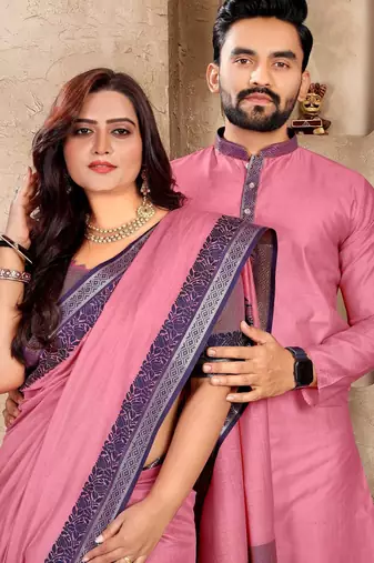 Light pink silk couple set with matching kurta and saree
