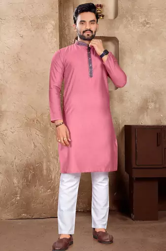 Light pink silk couple set with matching kurta and saree