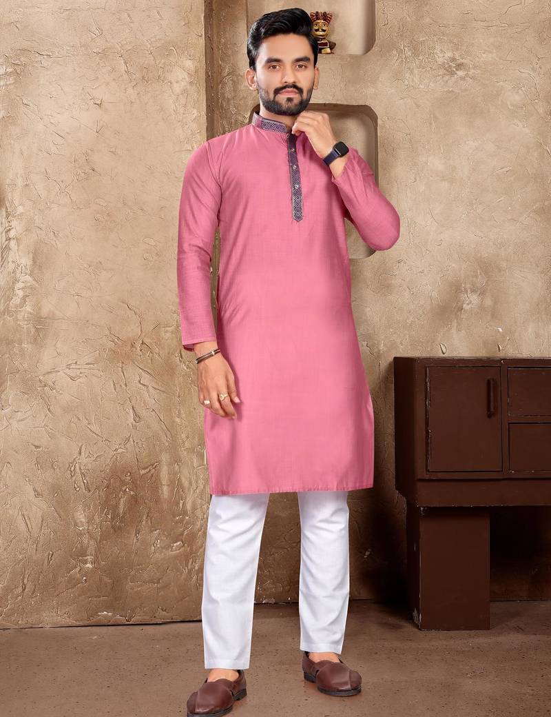 Light pink silk couple set with matching kurta and saree