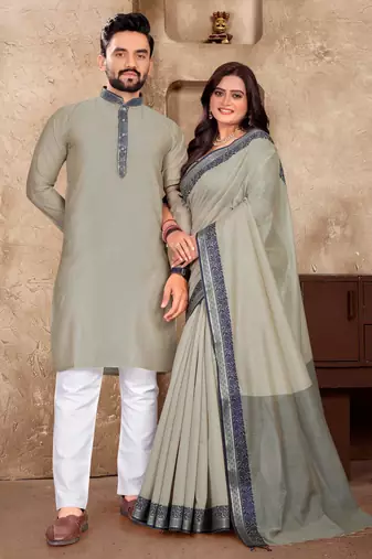 Grey silk couple set with matching kurta and saree