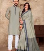 Grey silk couple set with matching kurta and saree
