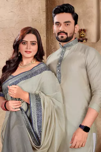 Grey silk couple set with matching kurta and saree