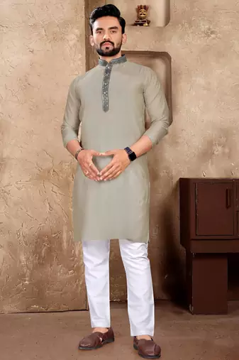 Grey silk couple set with matching kurta and saree