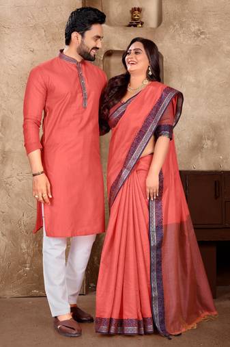 Pink silk couple set with matching kurta and saree