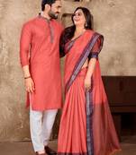 Pink silk couple set with matching kurta and saree