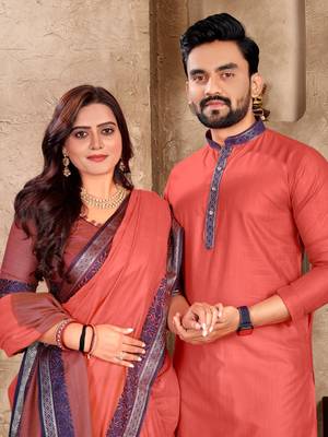 Pink silk couple set with matching kurta and saree 2