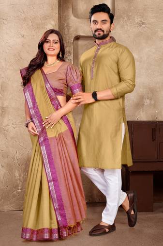 Beige silk couple set with matching kurta and saree