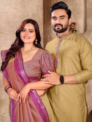 Beige silk couple set with matching kurta and saree 2