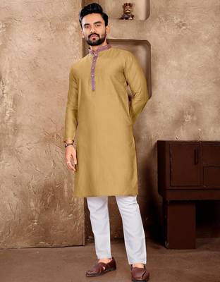 Beige silk couple set with matching kurta and saree 4