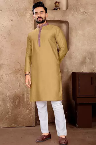 Beige silk couple set with matching kurta and saree
