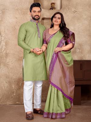 Pista green silk couple set with matching kurta and saree 1