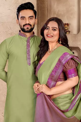 Pista green silk couple set with matching kurta and saree