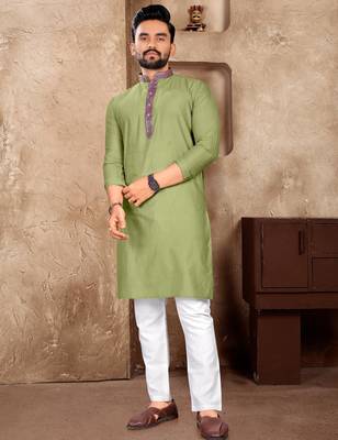 Pista green silk couple set with matching kurta and saree 4