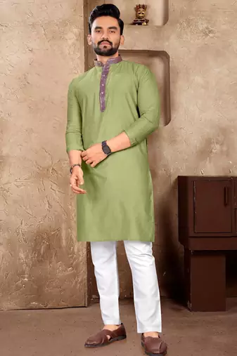 Pista green silk couple set with matching kurta and saree
