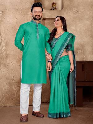 Aqua silk couple set with matching kurta and saree 1