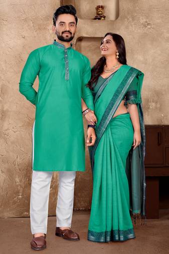 Aqua silk couple set with matching kurta and saree