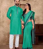 Aqua silk couple set with matching kurta and saree