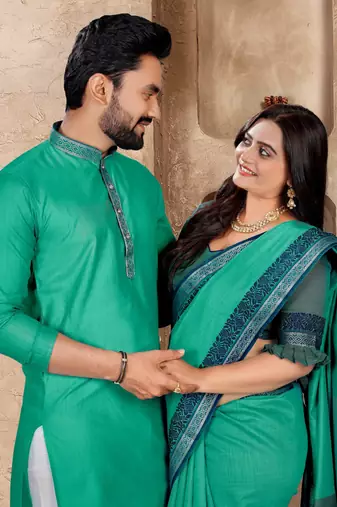 Aqua silk couple set with matching kurta and saree