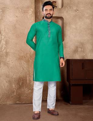 Aqua silk couple set with matching kurta and saree 4