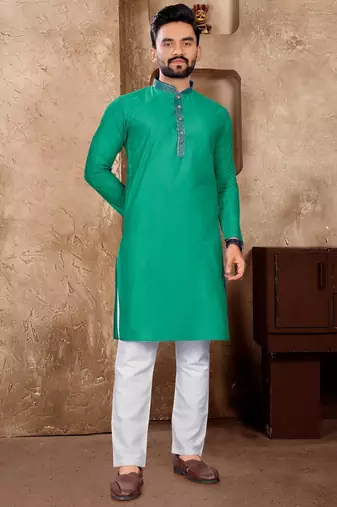 Aqua silk couple set with matching kurta and saree