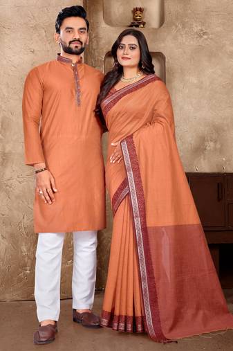 Orange silk couple set with matching kurta and saree
