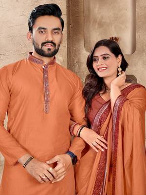 Orange silk couple set with matching kurta and saree 2
