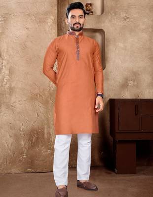 Orange silk couple set with matching kurta and saree 4