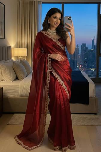 Designer luxury red wedding wear hand embroidery saree for women