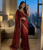 Designer luxury red wedding wear hand embroidery saree for women