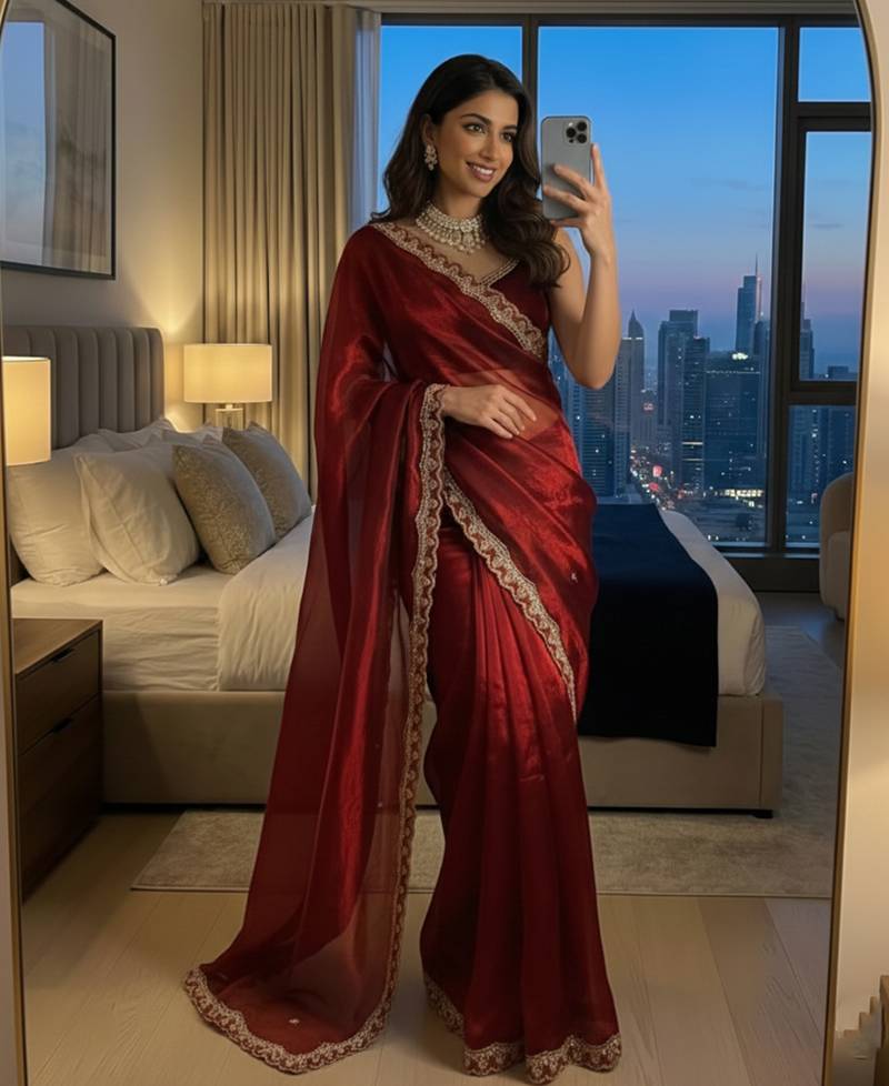 Designer luxury red wedding wear hand embroidery saree for women