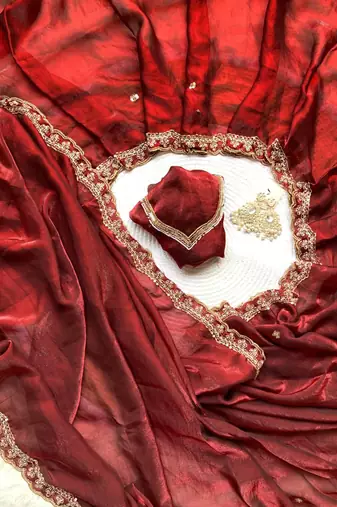 Designer luxury red wedding wear hand embroidery saree for women