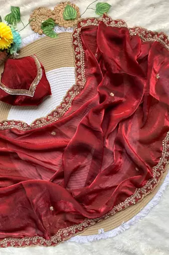 Designer luxury red wedding wear hand embroidery saree for women
