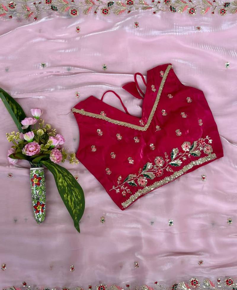 Festival wear pink fandy silk embrodiery saree for women