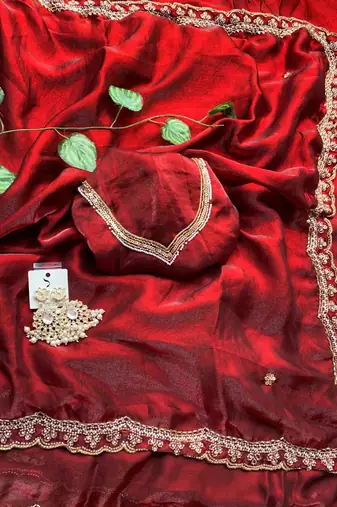 Designer luxury red wedding wear hand embroidery saree for women