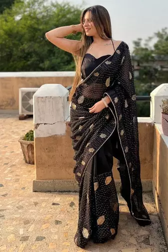 New Designer Georgette Seqwance work Women Black Color Saree With Blouse Set 