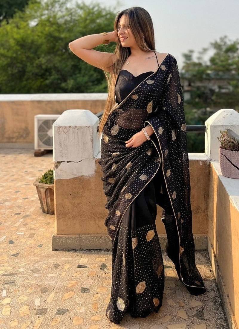 New Designer Georgette Seqwance work Women Black Color Saree With Blouse Set 