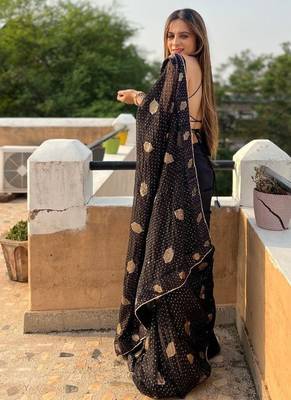 black georgette saree with sequins lace work 2