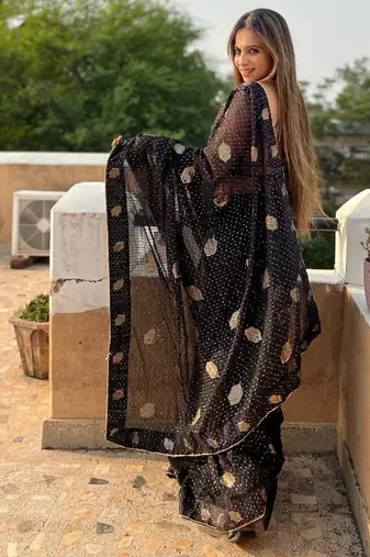 black georgette saree with sequins lace work
