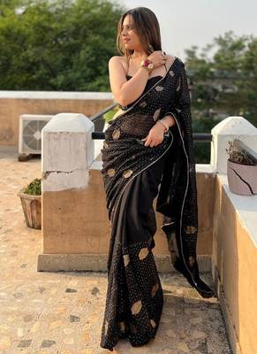 black georgette saree with sequins lace work 5
